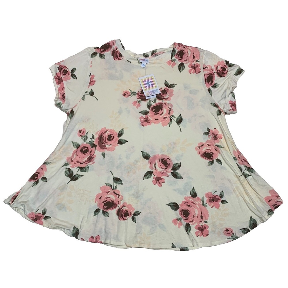 LuLaRoe Erika Women Top Size 3XL Cream Pink Roses Floral Short Sleeve Swing NWT